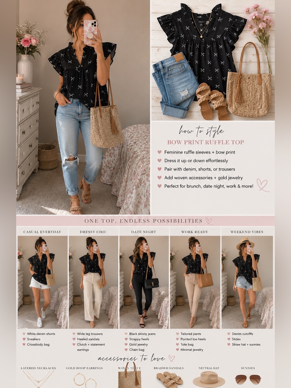 Black and white bow Puff/ruffle Sleeve Top